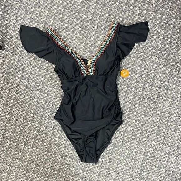 Elegant Black One-Piece Swimsuit with Multicolor Trim - Picture 1 of 3